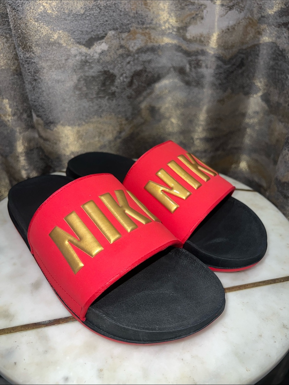 Nike Red foam Slides with Gold Logo